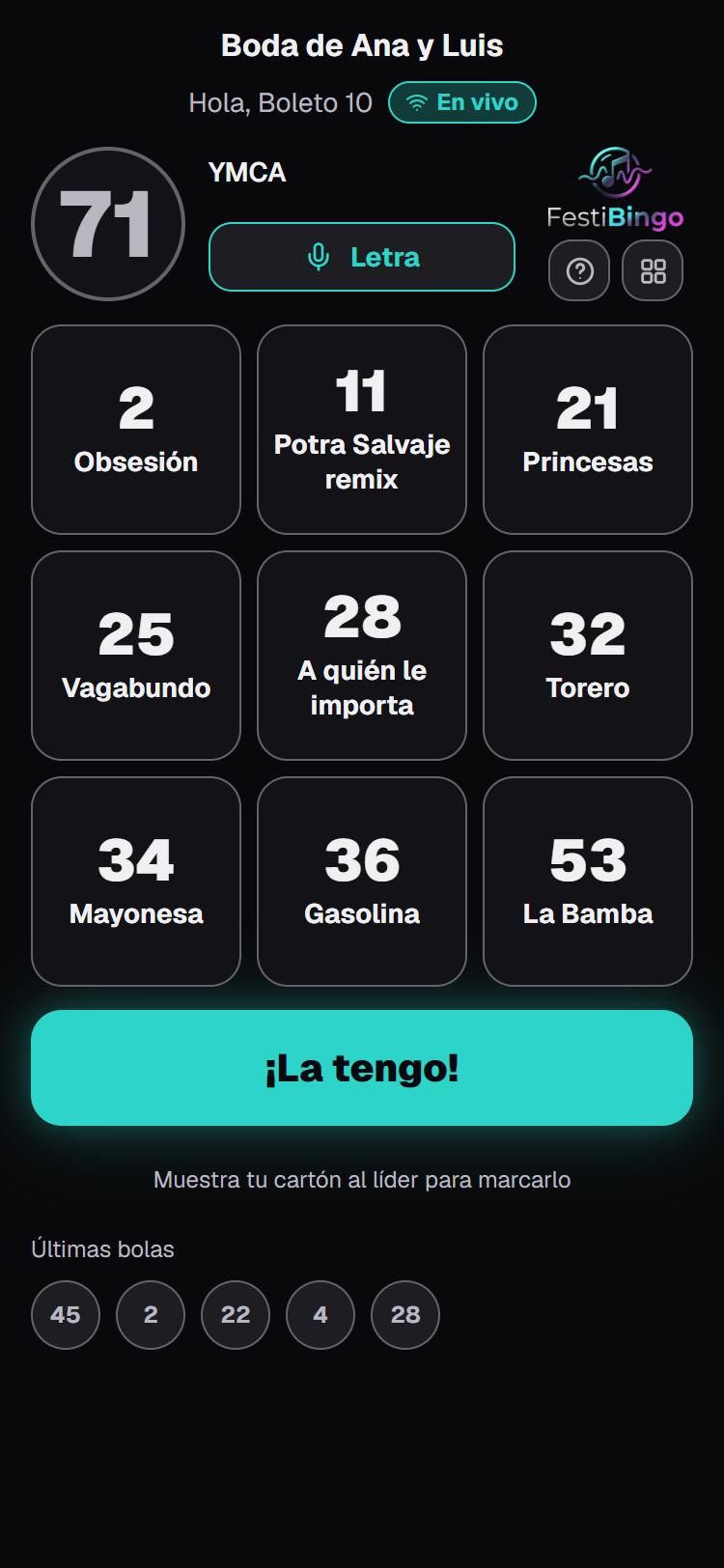 Cartón de un invitado en el móvil con las canciones del bingo y el botón «¡La tengo!»