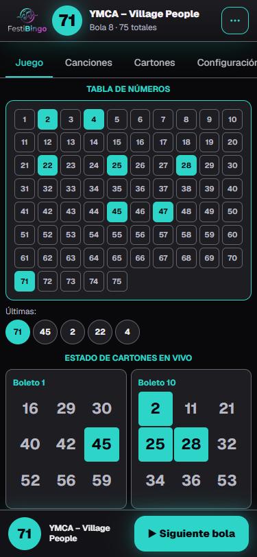 Panel del DJ en el móvil: tabla de números, cartones en vivo y botón para sacar la siguiente bola